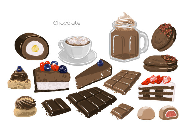 一套甜巧克力或咖啡饮料和糕点。图片下载
