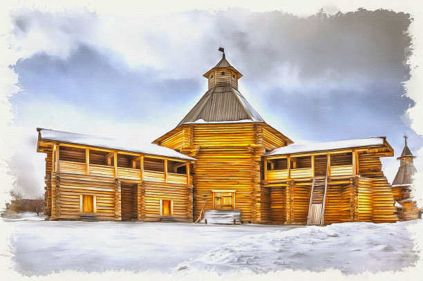 模仿一幅画。油漆。呈现。Kolomenskoye的古老木制建筑。莫斯科的城市。苏姆斯科伊堡垒的Mokhovaya (Moss)塔图片下载