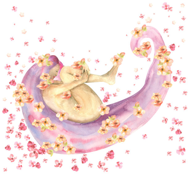 躺在盛开的花水彩画女人与长粉红色的头发素材图片