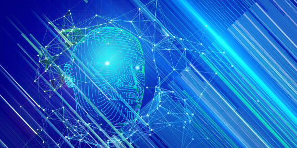 三维网格头的技术背景与模糊线在蓝色。人工智能。人工智能概念用于商业和科学。图片下载