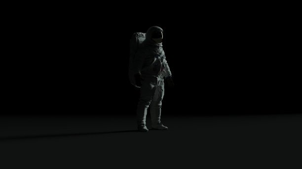 宇航员与黄金遮阳板和白色太空服背光与深灰色背景与背面照明3四分之一视图图片下载