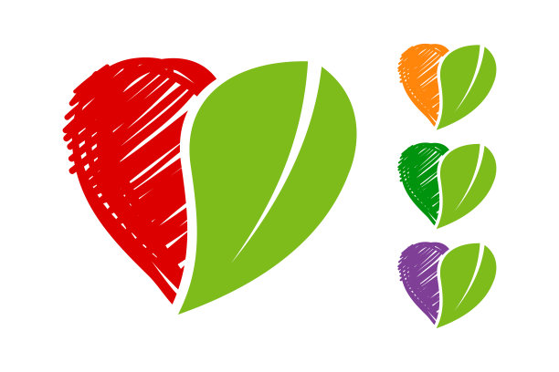 手绘彩色心生态标志向量集与绿色有机叶子。天然贴纸包装在橙色，红色，蓝色的颜色。素材图片