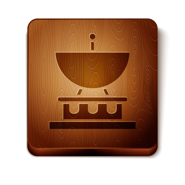 棕色碟形卫星图标孤立在白色背景上。无线电天线、天文和空间研究。木制方形按钮。矢量图图片下载