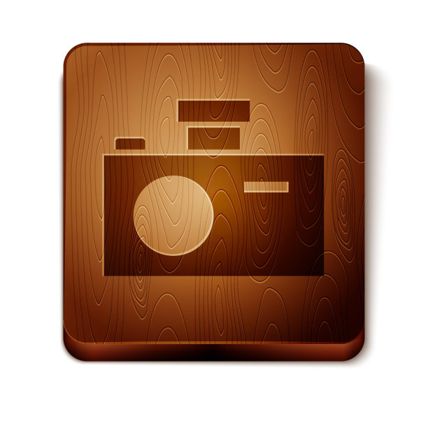 棕色照片相机图标孤立在白色背景。与相机图标。木制方形按钮。矢量图图片下载