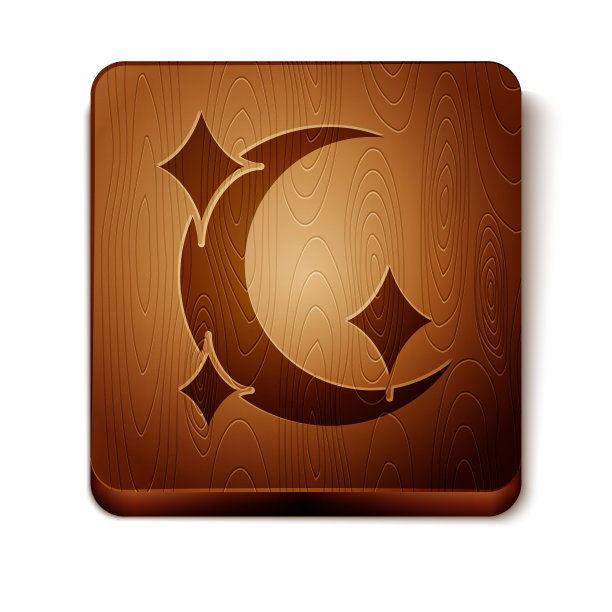 棕色的月亮和星星图标孤立在白色的背景。木制方形按钮。矢量图图片下载