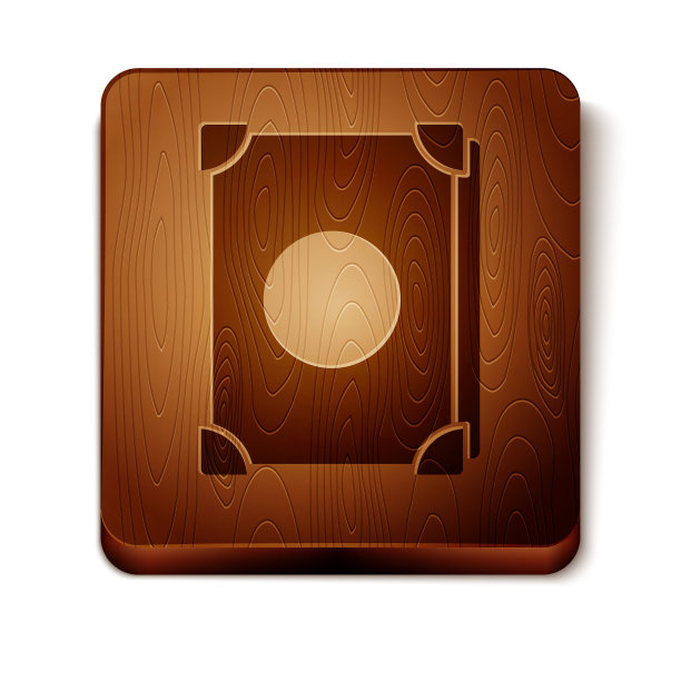 棕色古老的魔法书与炼金术配方和神秘的咒语和结界图标孤立在白色的背景。木制方形按钮。矢量图图片下载