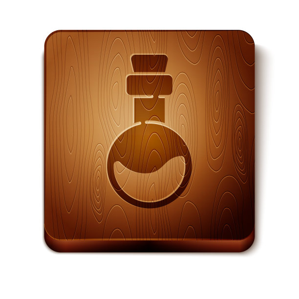 棕色瓶子与爱情药水图标孤立在白色背景。情人节的象征。木制方形按钮。矢量图图片下载