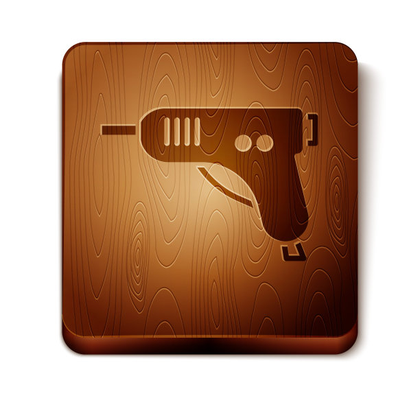 棕色电子热胶枪图标孤立在白色背景上。热手枪胶水。硅胶热修理工作器具。木制方形按钮。矢量图图片下载