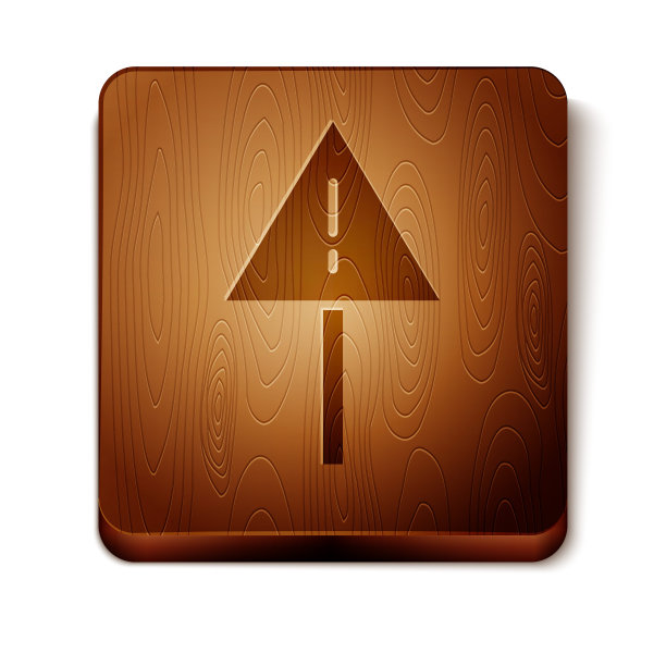 棕色感叹号在三角形图标孤立在白色背景。危险警告标志、小心、注意、危险警告标志。木制方形按钮。矢量图图片下载