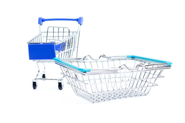 白色背景上的购物车和购物篮。隔离图片下载