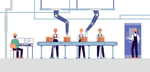 智能工厂与纸箱包装输送带与机器人手臂。图片下载