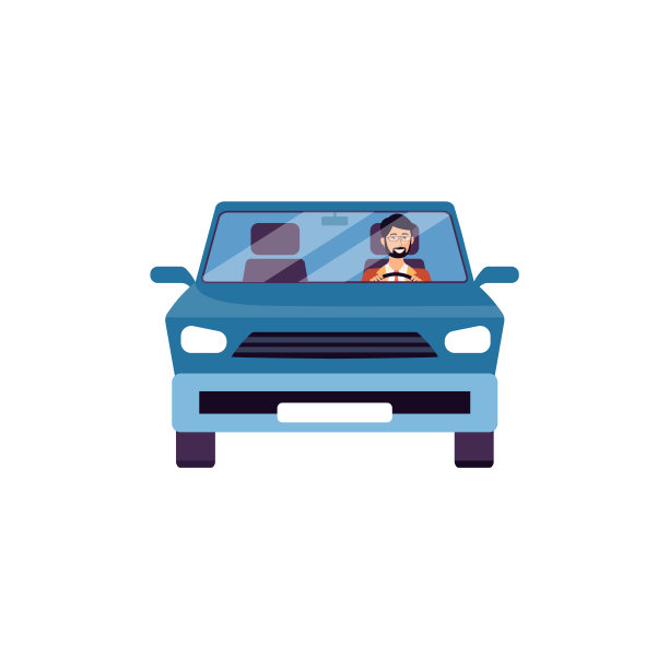 人卡通人物驾驶蓝色汽车平面矢量插图孤立。图片下载