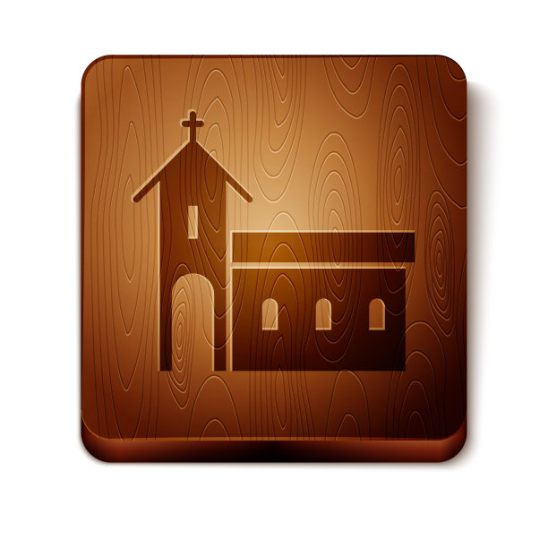 棕色教堂建筑图标孤立在白色背景上。基督教教堂。宗教的教堂。木制方形按钮。矢量图图片下载