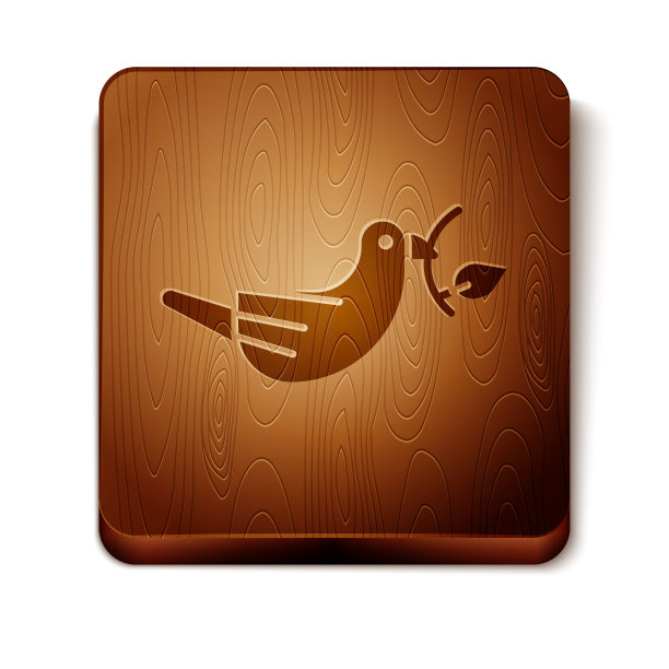 棕色和平鸽与橄榄枝图标孤立在白色背景。复活节快乐。木制方形按钮。矢量图图片下载