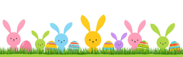 复活节兔子在绿色的草地上带着彩色的蛋。春节横幅海报。素材图片