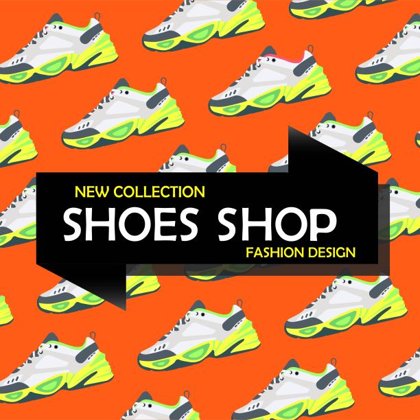 旗帜或招牌鞋或背景与运动鞋。鞋店。新的系列或流行的设计。在一个孤立的背景上的明亮颜色的公寓。每股收益10向量。图片下载
