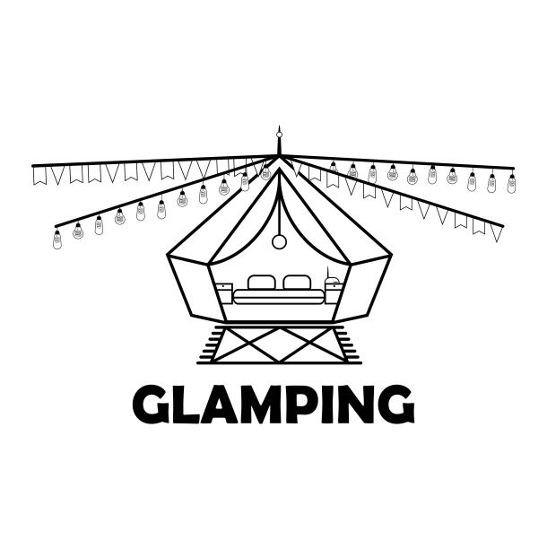 豪华野营或露营有一个帐篷和灯泡的图标在黑色孤立的白色背景。舒适、wi - fi。每股收益10向量。图片下载