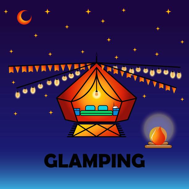 豪华野营或露营，有一个帐篷图标和明亮的现代色彩的发光灯泡，孤立在明亮的橙色背景。舒适、wifi。每股收益10向量。图片下载