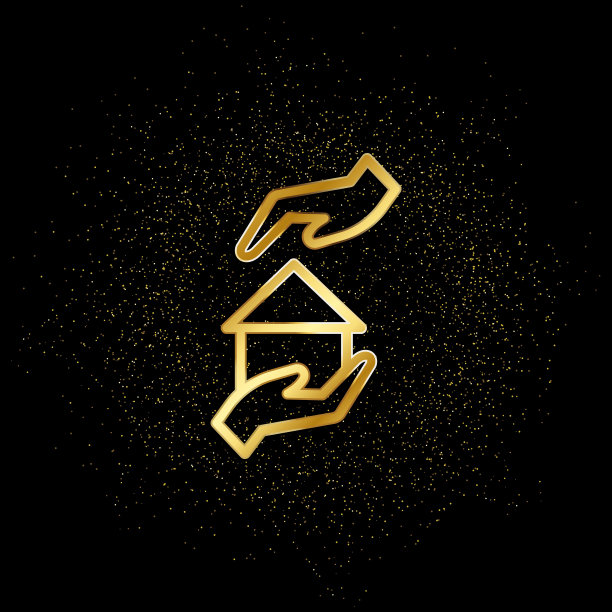 手，房子，保护金图标。矢量插图的金色粒子背景。房地产概念矢量插图图片下载