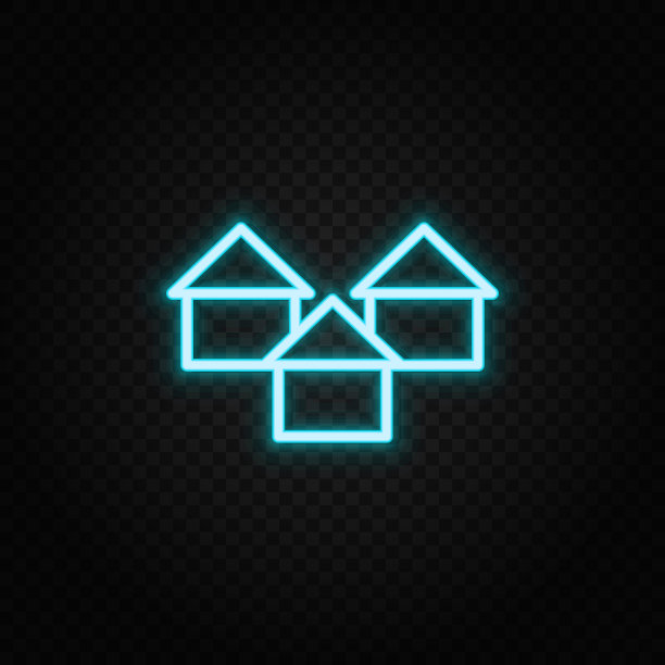 公寓，建筑物霓虹图标。蓝色和黄色霓虹灯矢量图标。图片下载