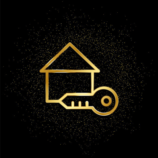 首页，按键黄金图标。矢量插图的金色粒子背景。房地产概念矢量插图图片下载