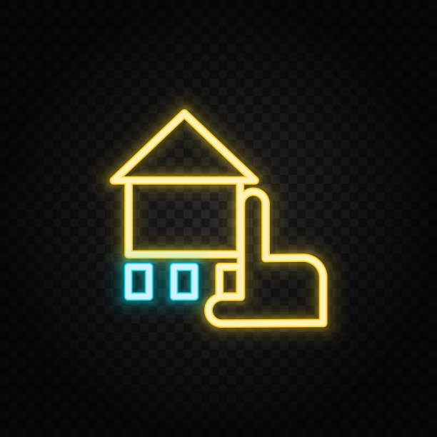 粉笔，手，房子霓虹灯图标。蓝色和黄色霓虹灯矢量图标。图片下载