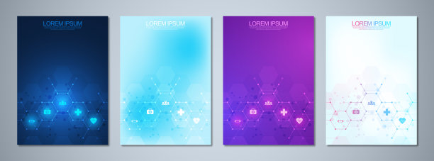 套模板小册子或封面书，页面布局，传单设计。理念与理念为医疗事业，创新医药、制药、科技。医疗背景与平面图标和符号。图片下载