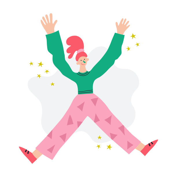 有趣积极的女人在星星之间跳跃。平面手绘矢量插图图片下载