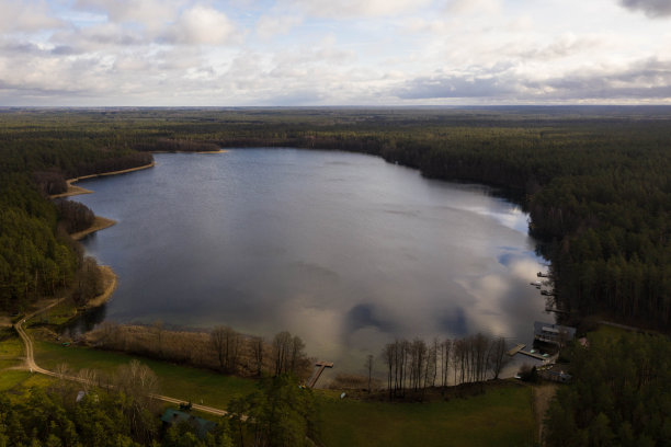 用无人机拍摄的湖边树林里的小木屋图片下载