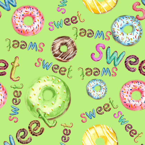 无缝图案的甜甜圈，填充粉红色，蓝色，绿色，巧克力和黄色的糖霜，并洒上五颜六色的飞溅图片下载