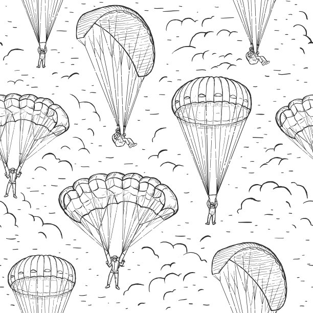 极限运动素描无缝矢量图案。用滑翔伞和降落伞飞行的手绘跳伞者。图片下载
