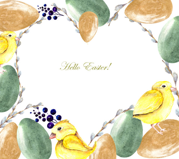 心形的复活节框架，上面有金色和绿色的鸡蛋，黄色的小鸡和白色背景上的柳枝。水彩组成的贺卡和问候在一个白色的背景。图片下载