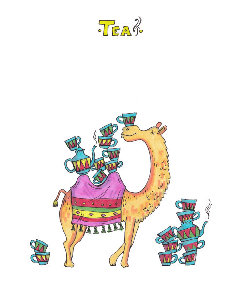 骆驼和茶具卡通插画图片下载