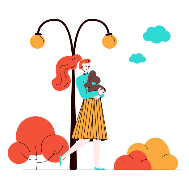 女人在公园散步与可爱的兔子宠物，平面卡通矢量插图。图片下载