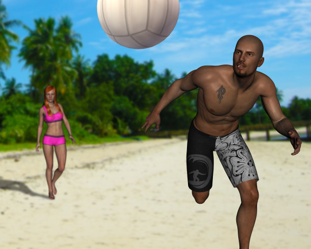 年轻人在沙滩上玩沙滩排球- 3d渲染图片下载