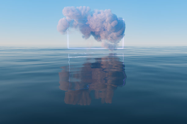 云和几何图形漂浮在湖面上，3d渲染。图片下载