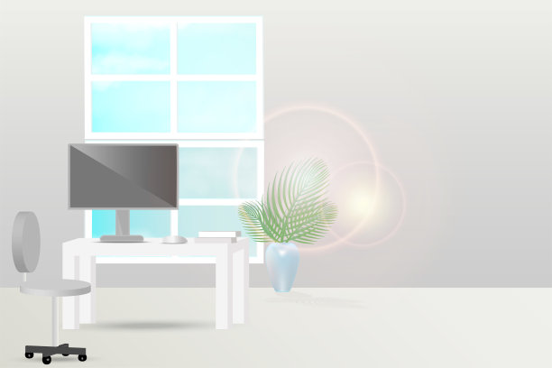 家庭办公室，工作空间，明亮的光线透过窗户。图片下载