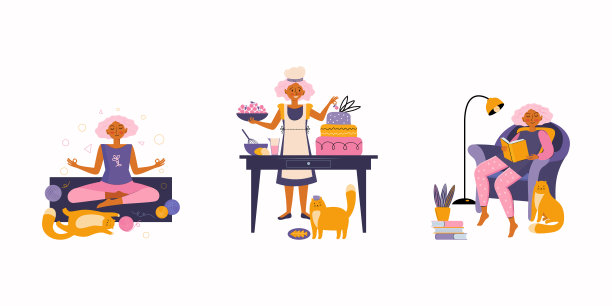 女人享受他们的空闲时间，从事休闲活动和爱好——烹饪，冥想，读书，花时间与宠物。有趣的红猫和它的主人。花时间呆在家里。图片下载