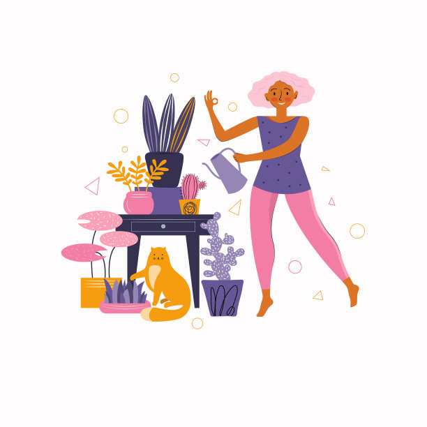 年轻女子照料室内植物。卡通人物用喷壶浇花。有趣的猫。花时间呆在家里。有宠物的女孩。在家最喜欢的活动。平的插图图片下载