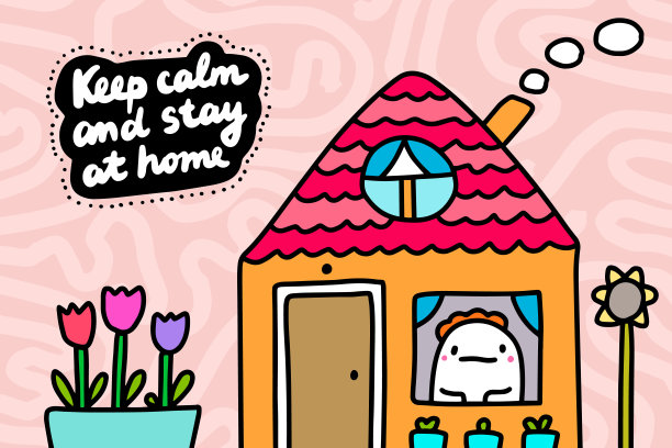 保持冷静，待在家里保护新冠肺炎卡通漫画风格手绘矢量插画图片下载