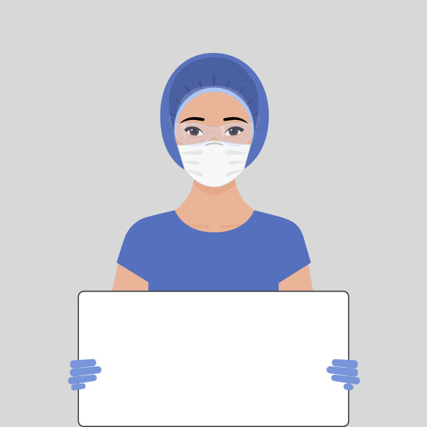 亚洲女医生身穿蓝色外科医生服、帽子、眼镜、手套和口罩，手持空白的黑板，上面有文字的空间。预防冠状病毒感染的概念。矢量股票平面插图图片下载