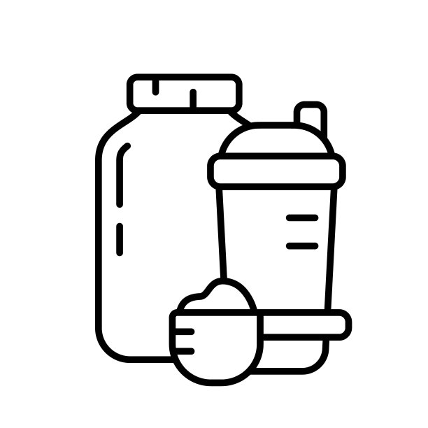 蛋白乳清瓶，摇瓶，量匙和干粉。线性图标图片下载