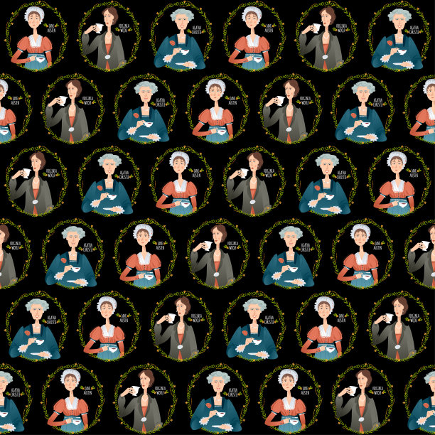 英格兰的历史。著名的英国作家喝茶。简·奥斯汀，阿加莎·克里斯蒂，弗吉尼亚·伍尔夫。无缝的背景图案。图片下载