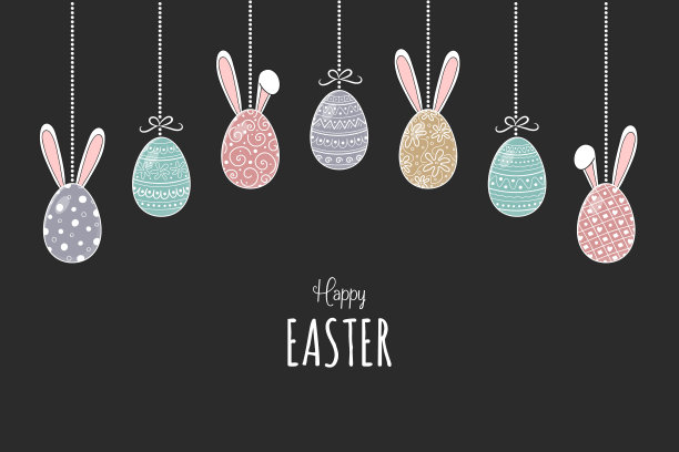 漂亮的挂着兔子和祝福的复活节彩蛋。向量图片下载