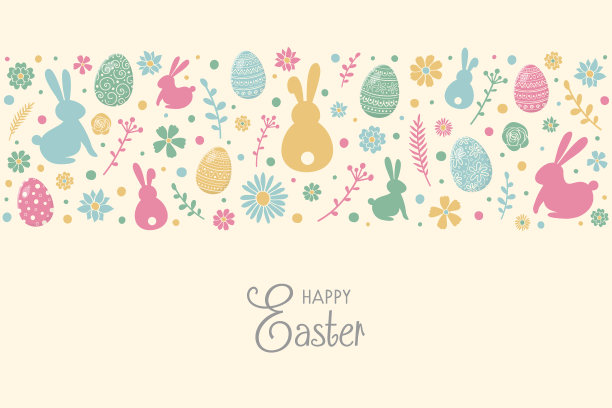 复活节贺卡与五颜六色的兔子，鸡蛋和鲜花。向量图片下载