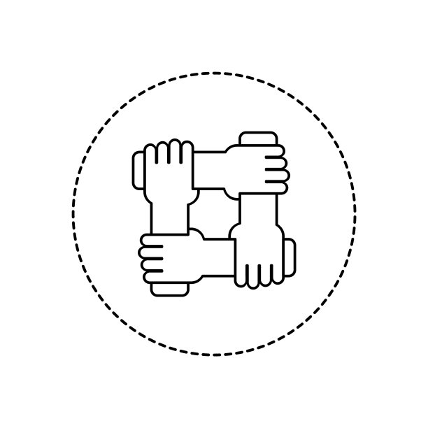 群控线图标在一个圆圈中。四只手牵在一起。图片下载