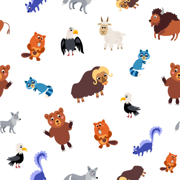 北美野生动物无缝图案为扁平样式图片下载