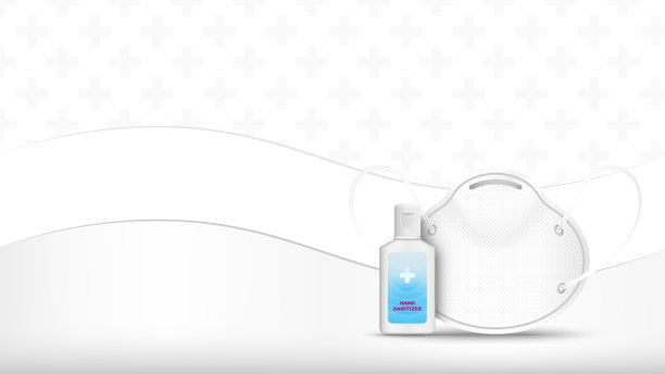 绿色背景上的酒精凝胶洗手液和一次性卫生或医用口罩。矢量插图。图片下载