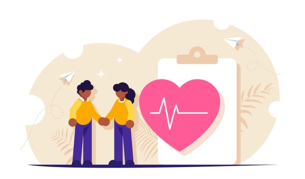 健康保险是一个概念。人们站在一张医疗表格和一颗有速率的大心脏旁边。现代平面矢量插图。图片下载