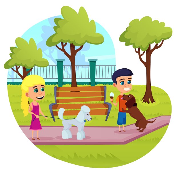 信息海报狗走在公园卡通。图片下载